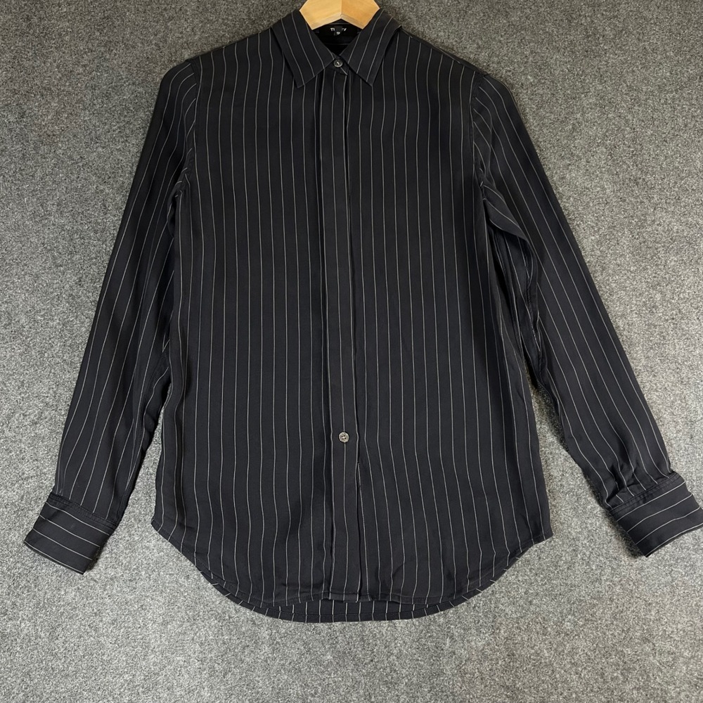 Theory Essential Button Down 100% Silk Pinstripe Blouse Black P Luxury Designer